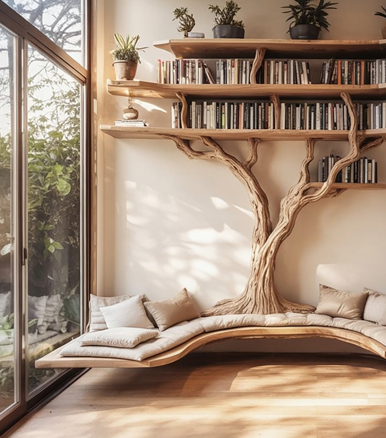 Handgefertigtes Baum-Bücherregal mit Sitzbank – Live Edge Massivholz Wandregal für Leseecke