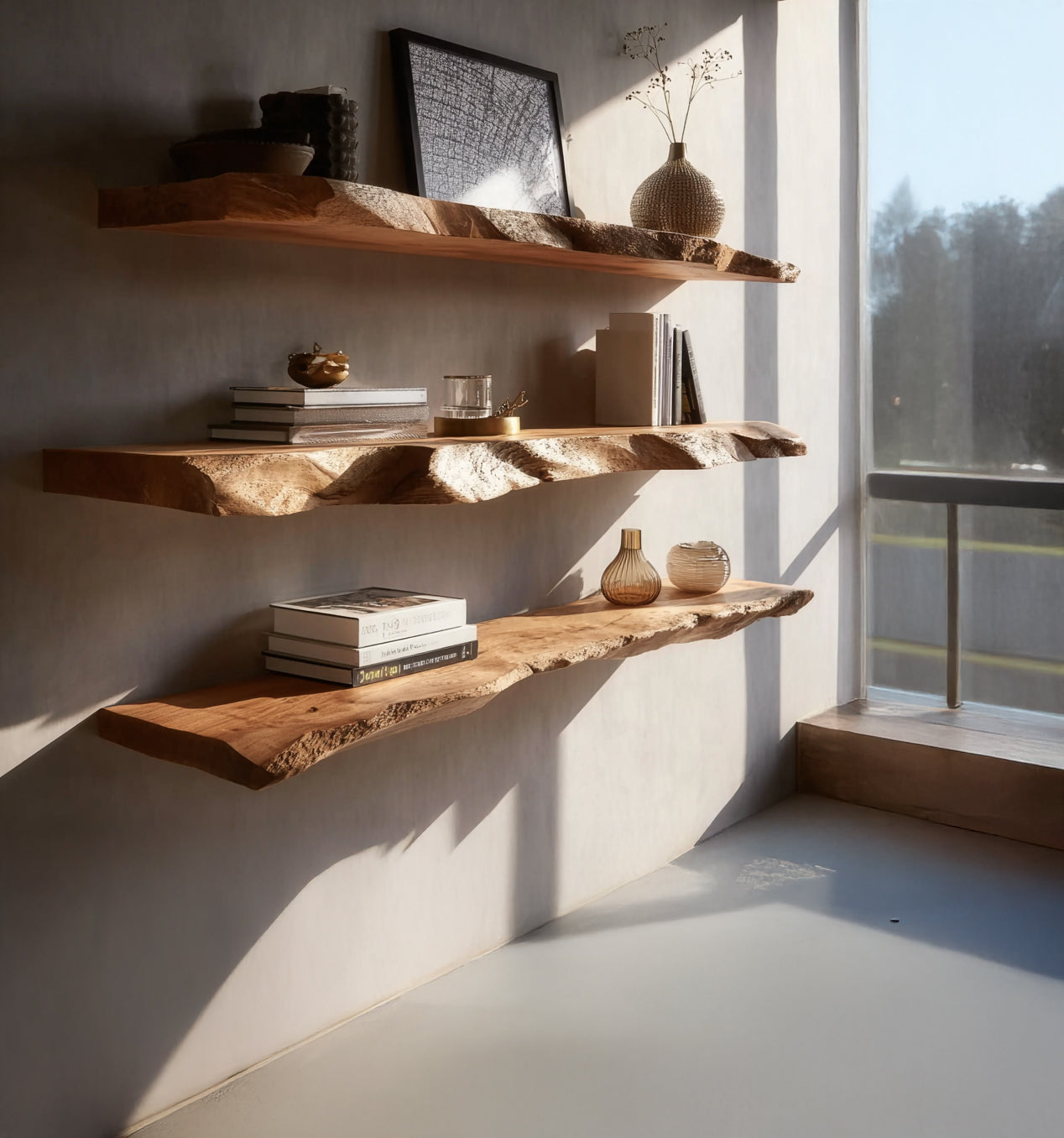 Handgefertigtes Massivholz-Wandregal mit Live Edge – Rustikale Wohnkultur