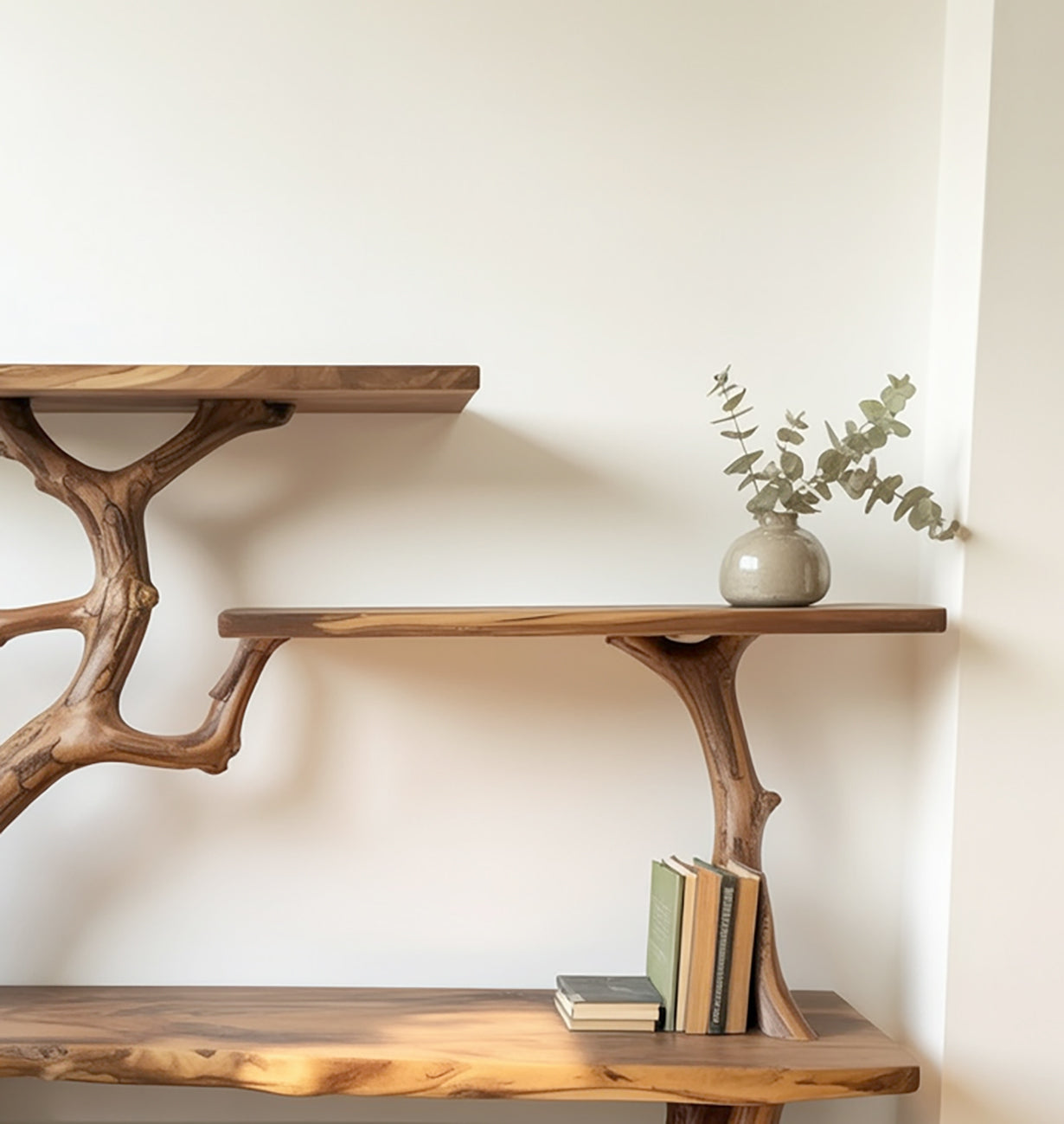 Rustikaler schmaler Konsolentisch mit Regalen aus recyceltem Holz, Naturkante