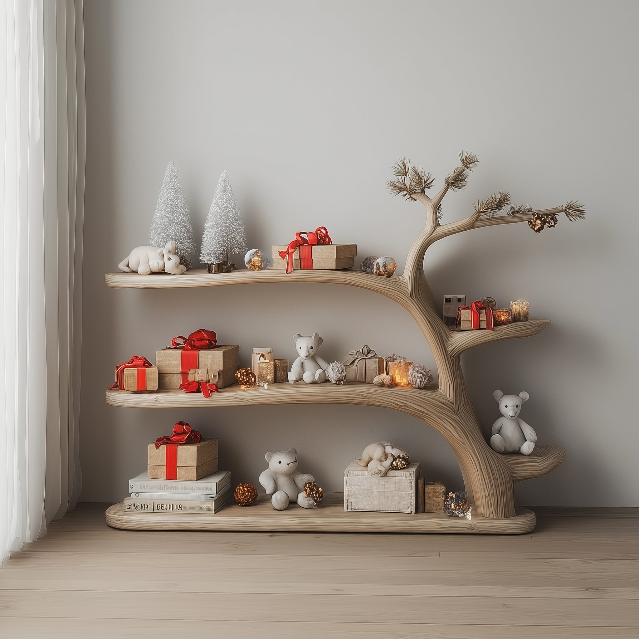 Handgefertigtes Baumregal – Montessori Kinder-Bücherregal, schwebendes Kinderzimmerregal