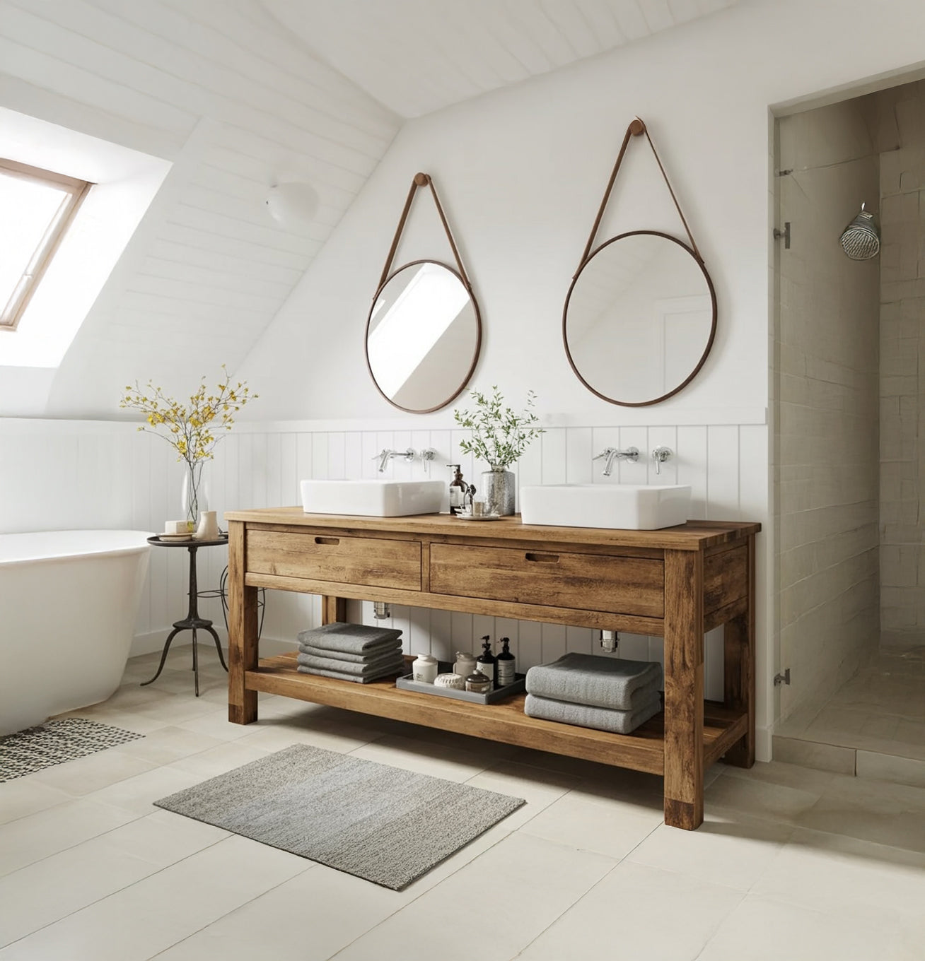 Rustikaler Bad-Unterschrank aus recyceltem Holz – Floating, Doppelwaschbecken