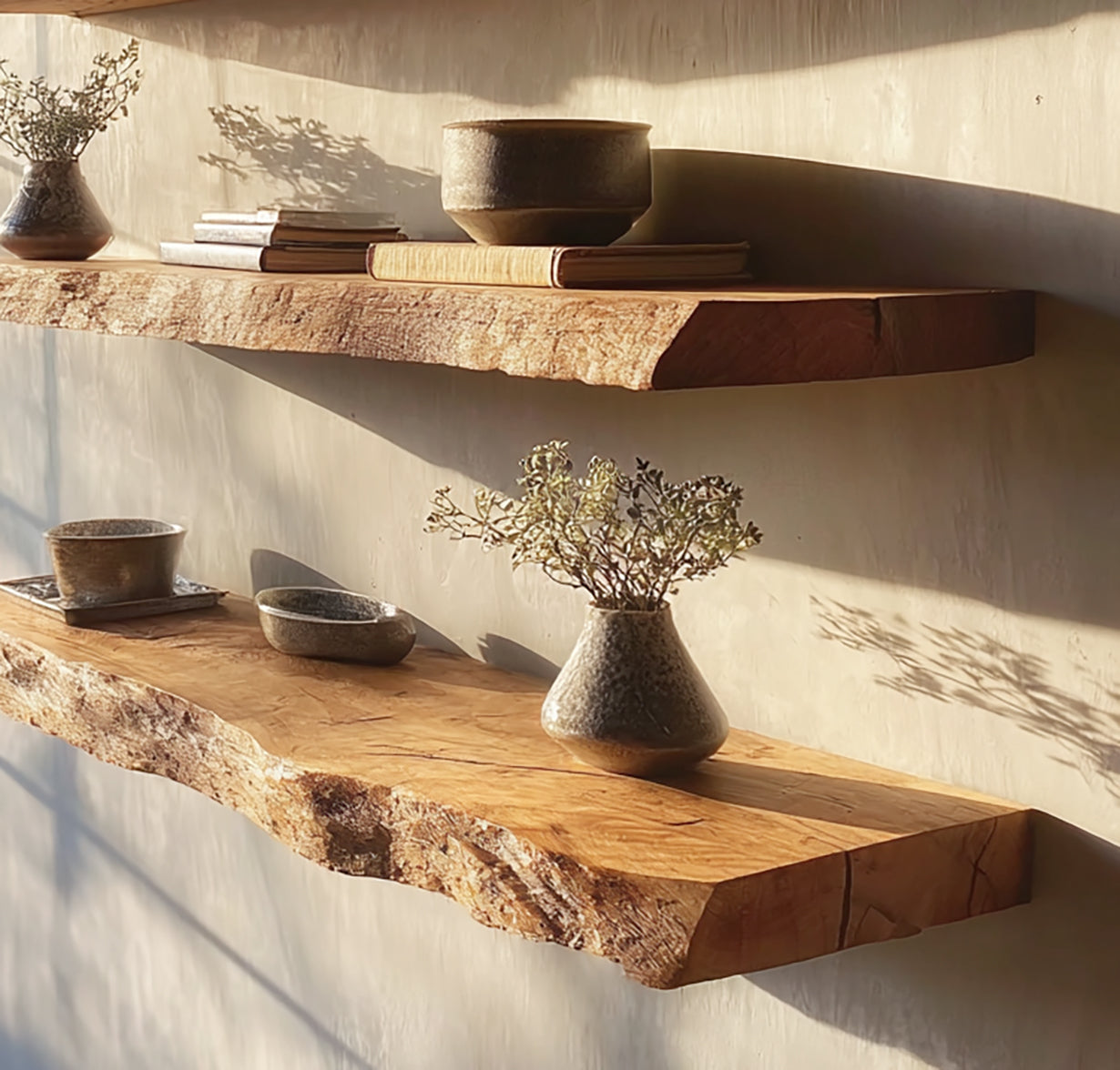 Rustikales schwebendes Wandregal mit Live Edge – Massivholz Deko