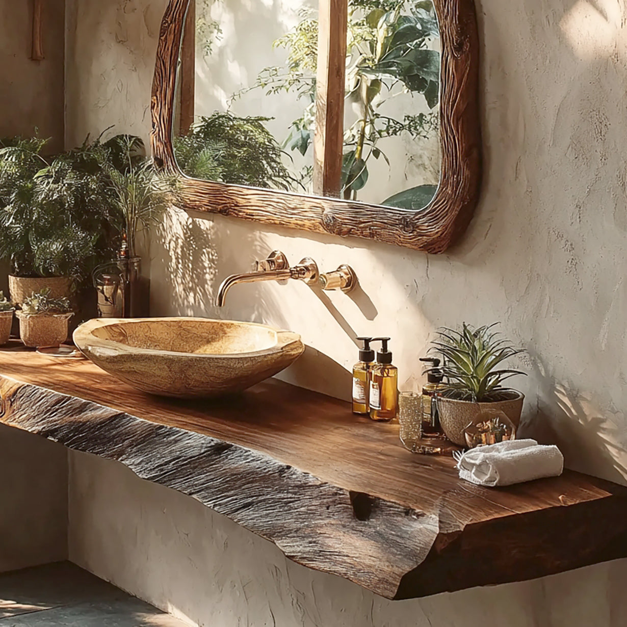 Rustikale Massivholz-Konsole – Handgefertigt mit Live Edge für Badezimmer