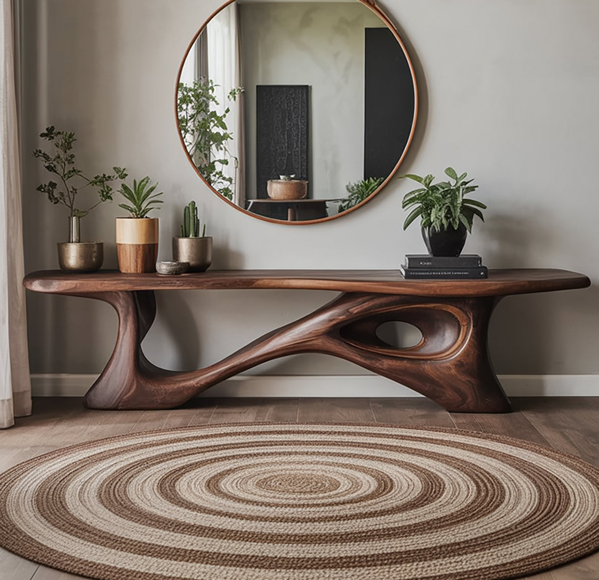 Handgefertigter rustikaler moderner Konsoltisch – Naturholz-Design