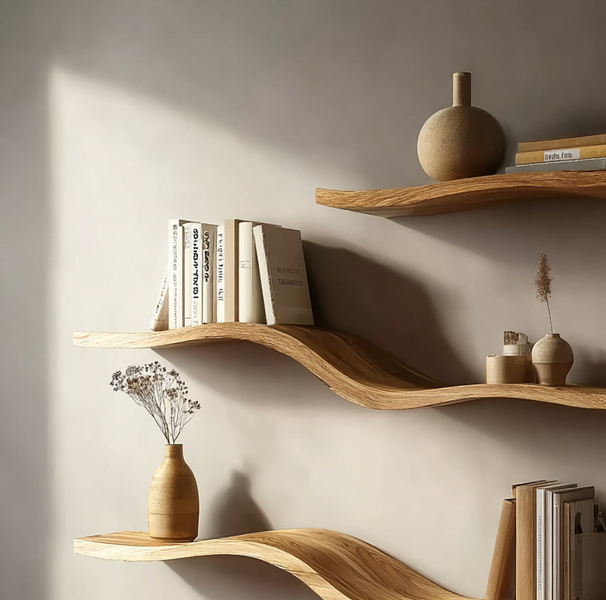 Massivholz Wellen-Wandregal – Modernes Wandmontiertes Rustikales Wohnaccessoire