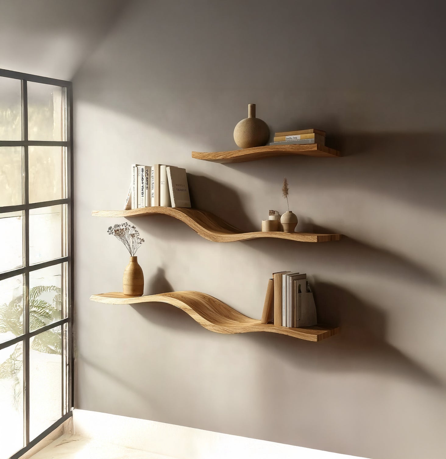Massivholz Wellen-Wandregal – Modernes Wandmontiertes Rustikales Wohnaccessoire