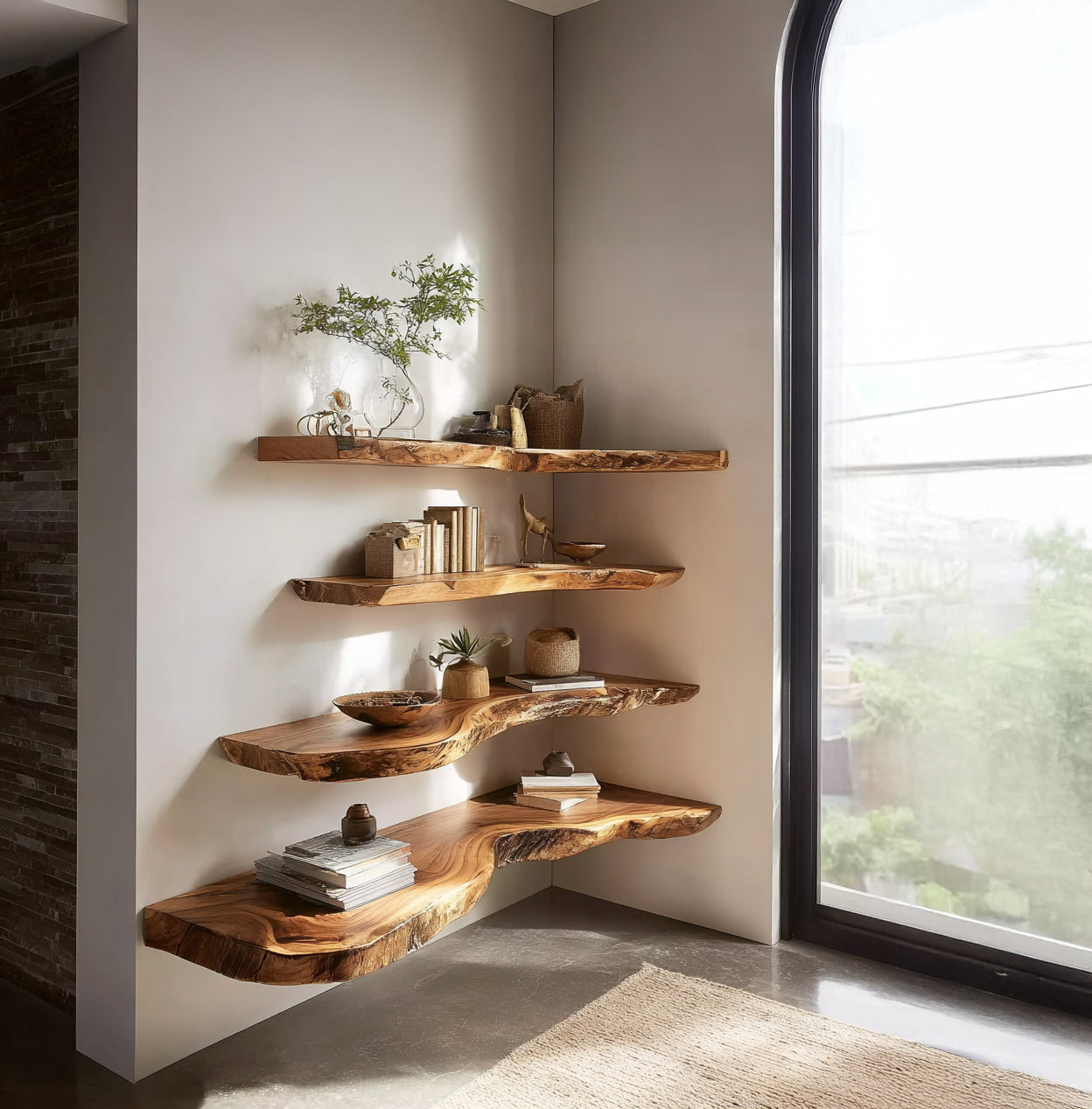 Rustikales Wandregal aus Massivholz mit Live Edge – Walnuss Regal für Wohnkultur