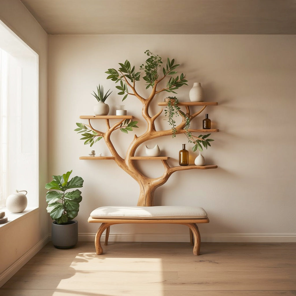 Minimalist interior with tree-shaped wooden shelf holding vases and plants next to cushioned bench