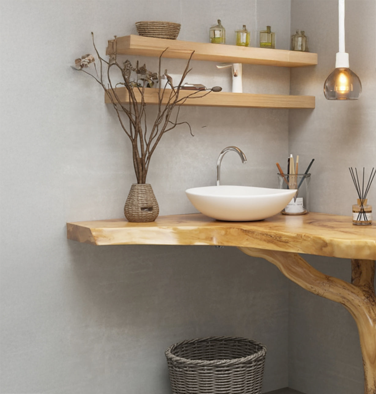 Waschtisch aus Baumstamm mit Naturkante – Massivholz-Eckkonsole mit Astbein