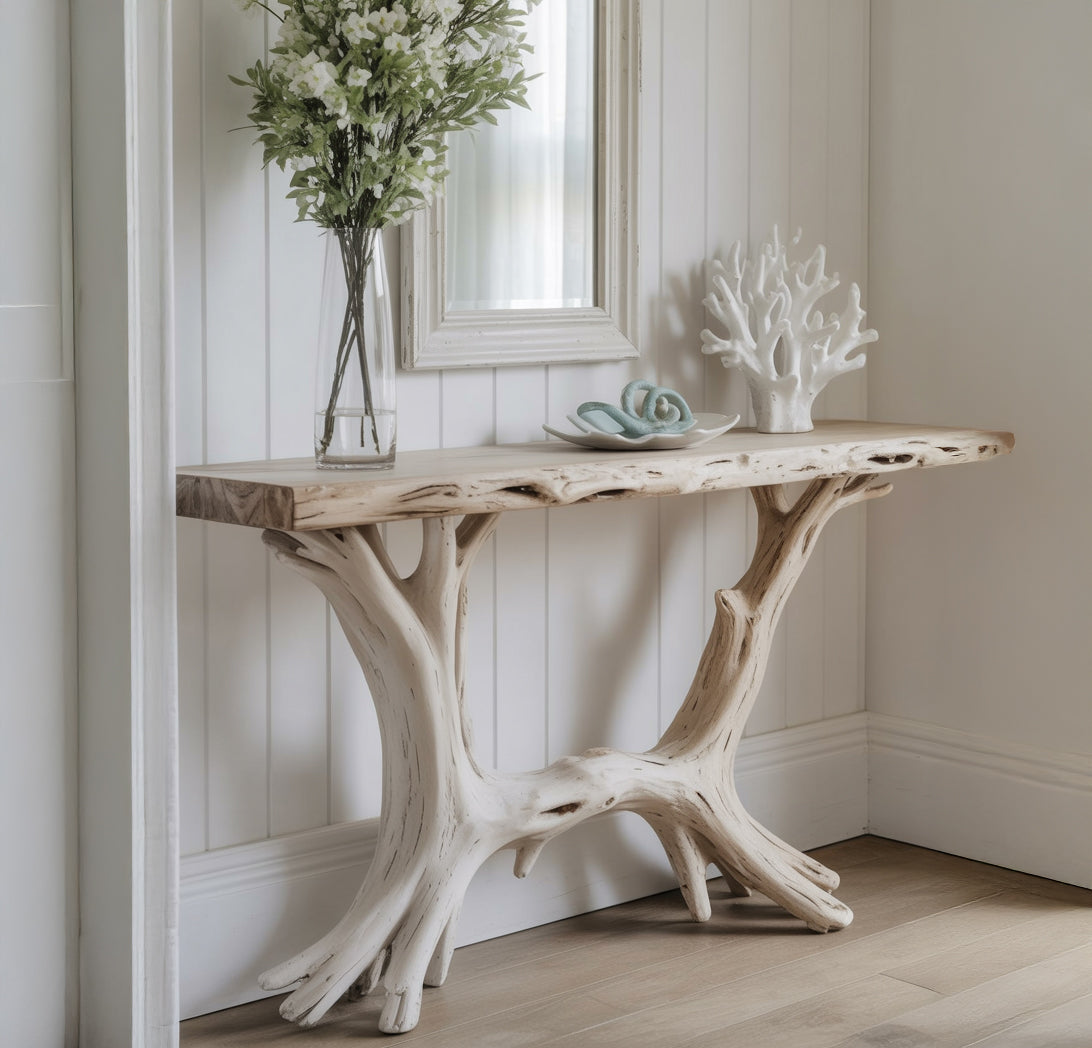 Live Edge Konsolentisch mit Skulpturalem Holzfuß – Handarbeit