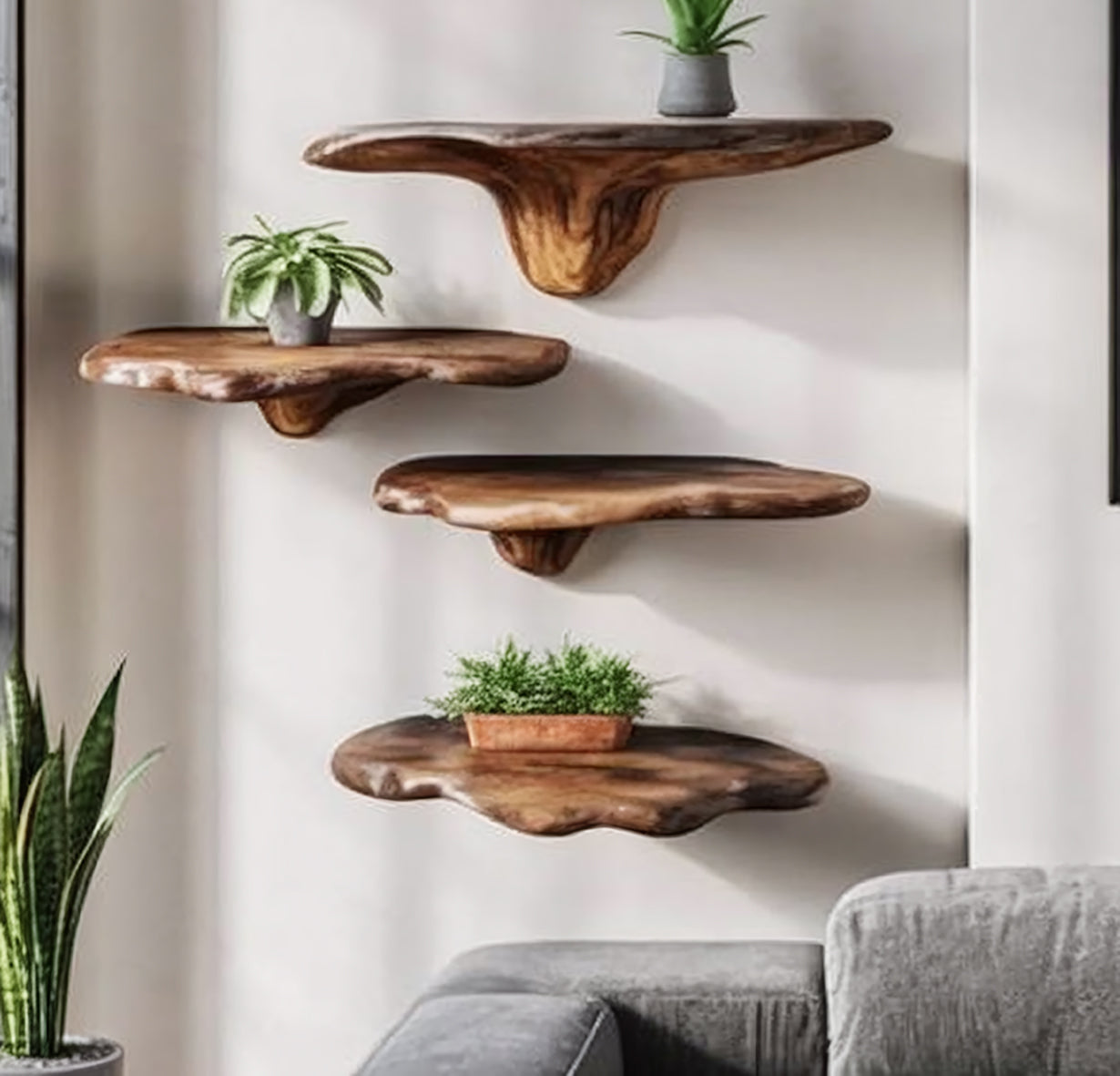 Handgefertigte schwebende Holzregale mit Live Edge – organisches Wandregal
