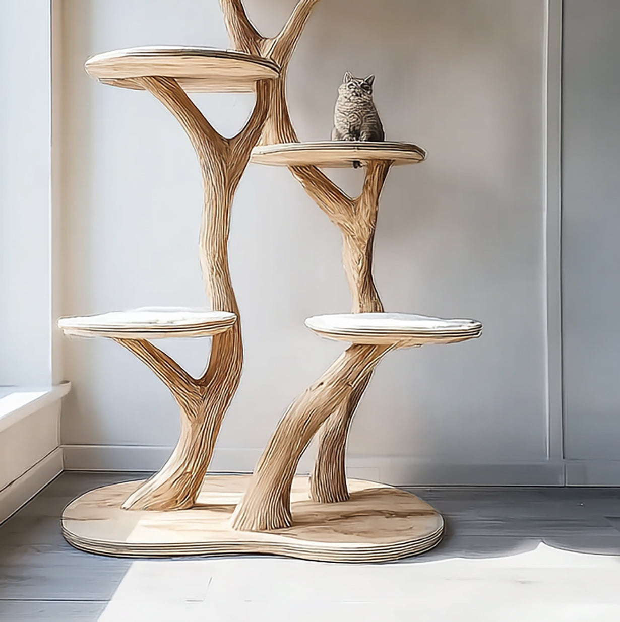 Handgefertigter Katzenbaum aus Massivholz mit organischem Astdesign
