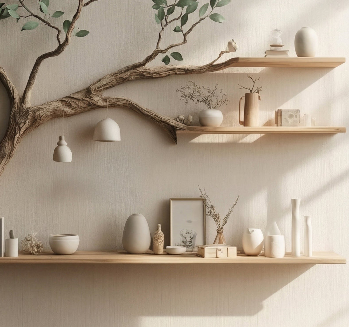 Skulpturales Baum-Bücherregal für die Leseecke – Wandmontiertes Schauregal aus Massivholz