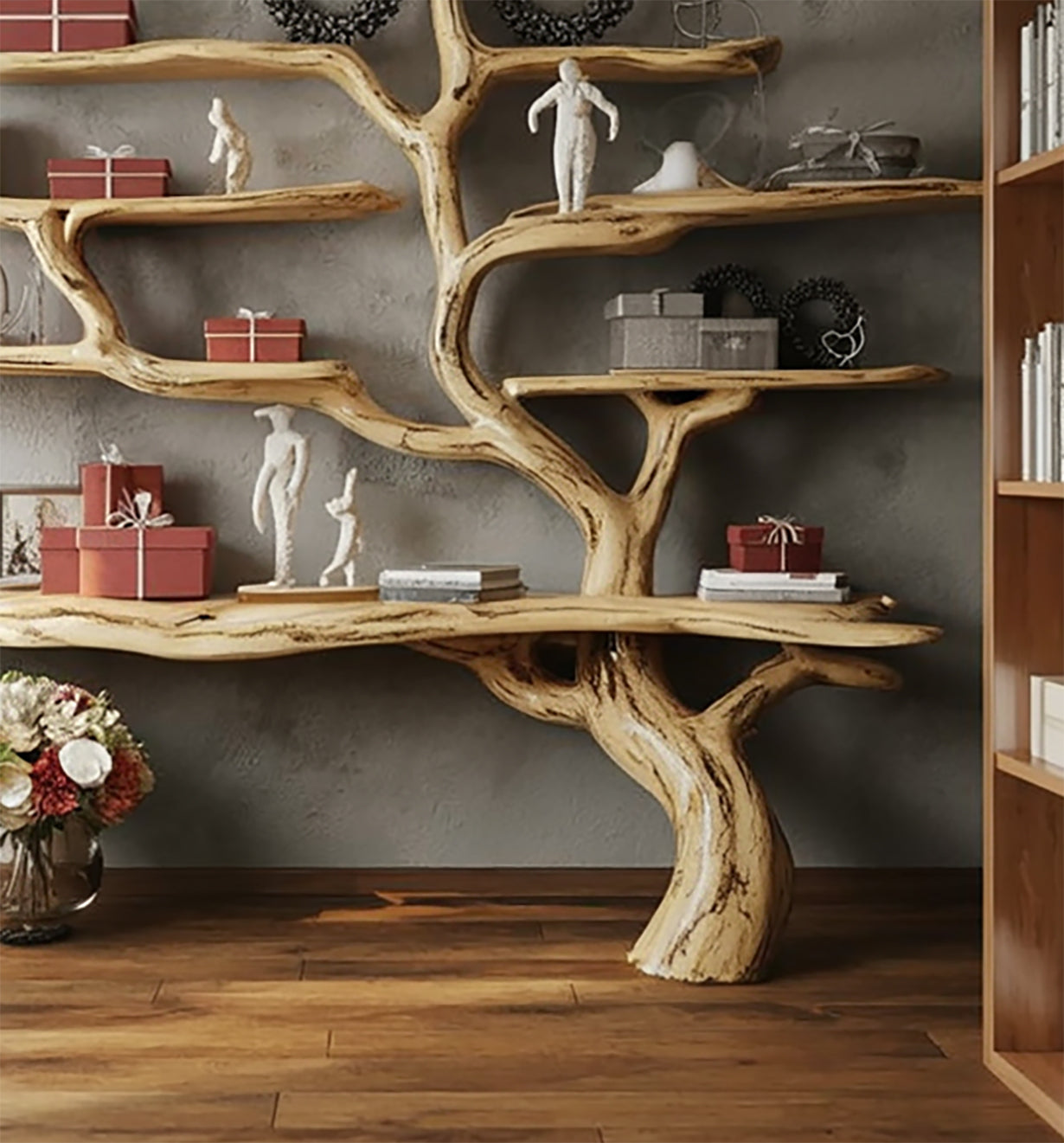 Rustikales Massivholz-Bücherregal – Handgefertigt mit Live Edge Wanddesign