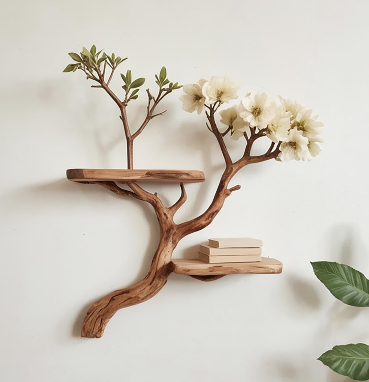 Schwebendes Treibholz-Bücherregal mit Naturkante und dekorativen Blumen