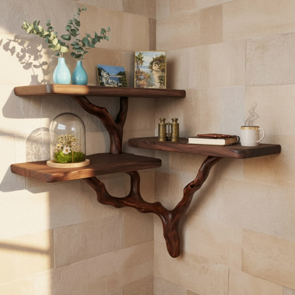 Organische Eckregale aus Holz mit Live Edge und Aststütze – rustikal