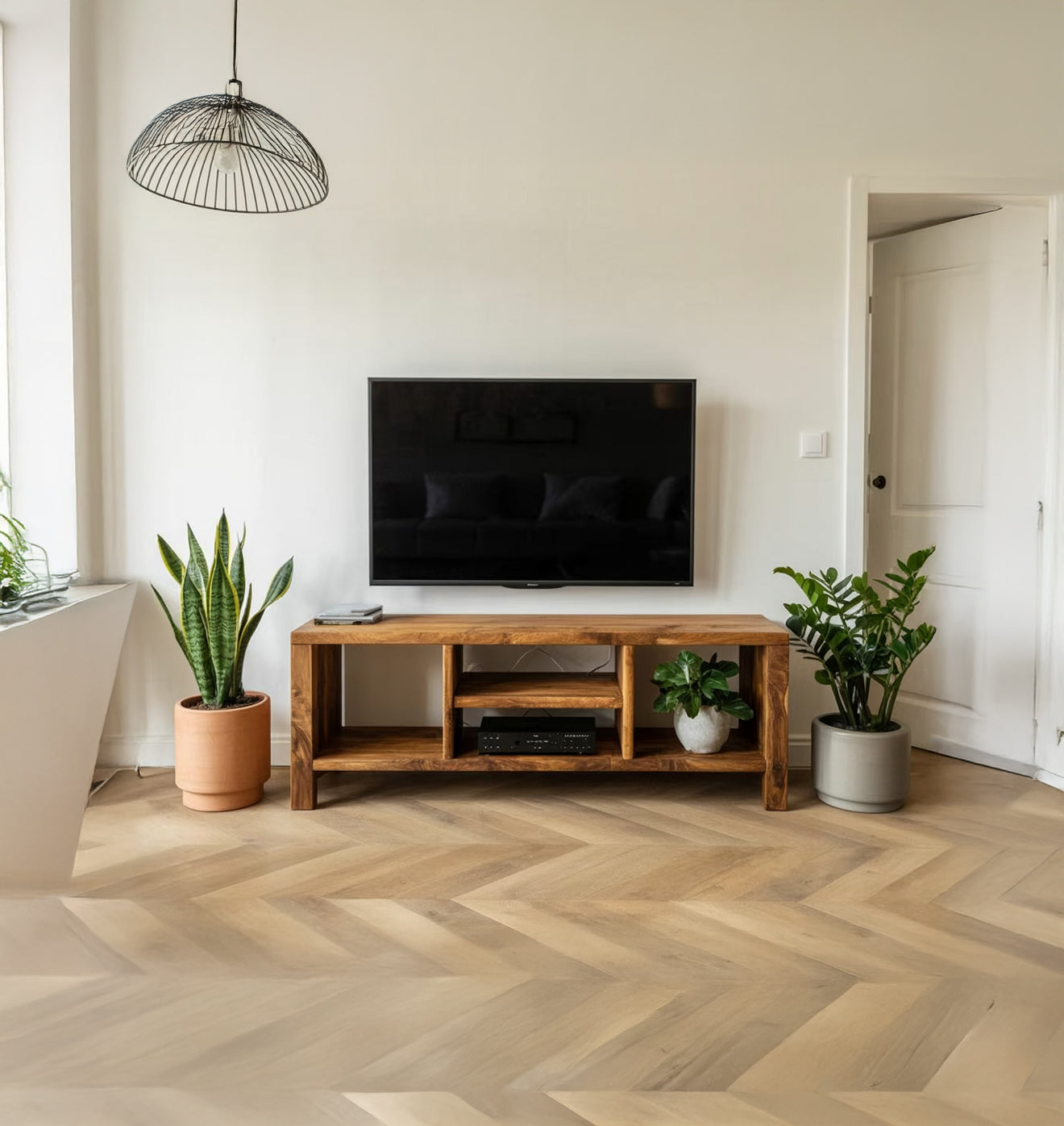 Handgefertigtes rustikales TV-Regal mit Stauraum – Schrank aus recyceltem Massivholz