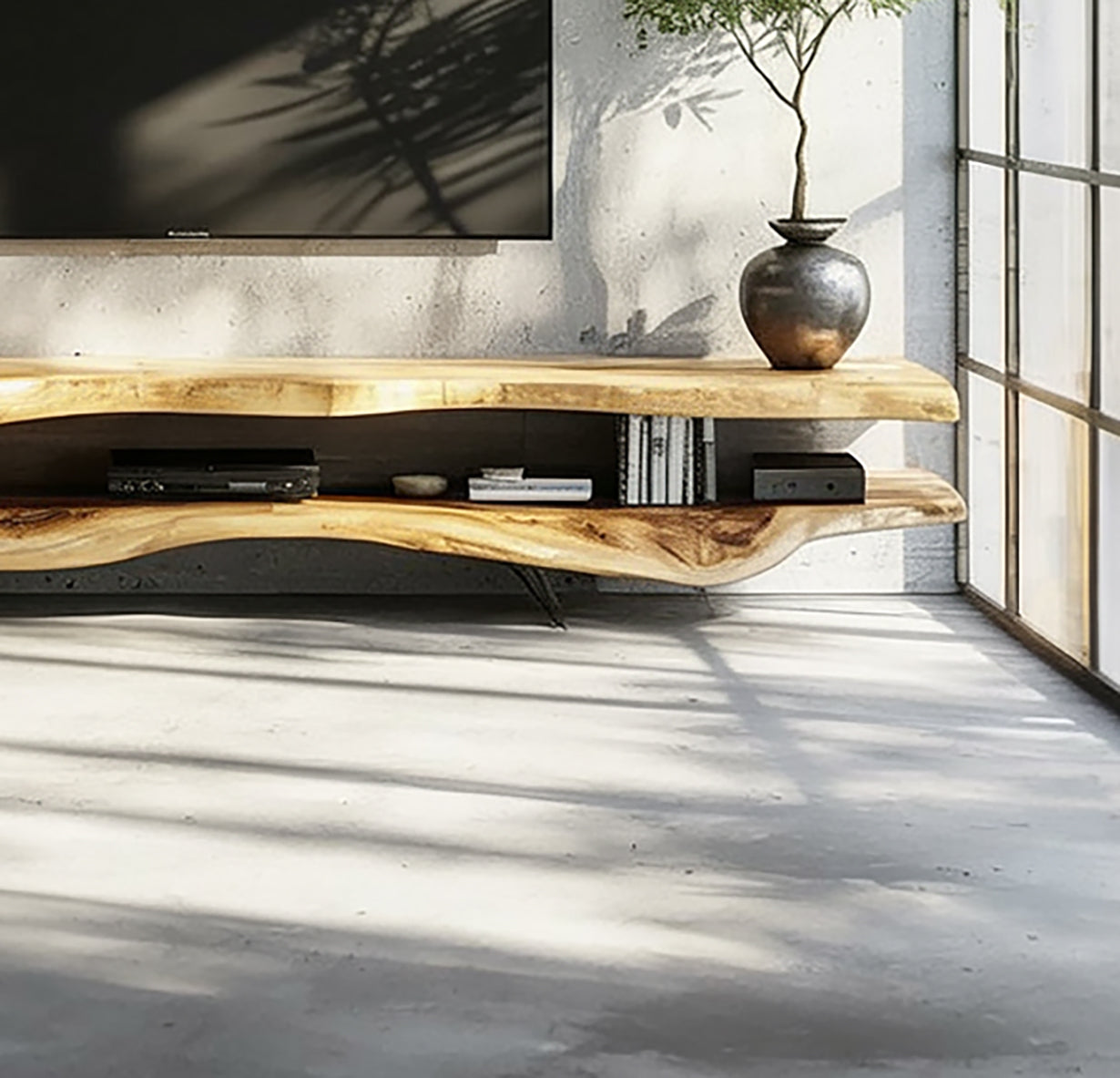 2-teiliges Massivholz-TV-Lowboard mit Rustikalen Schweberegalen