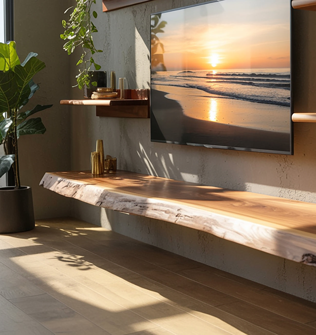 Schwebendes Massivholz-TV-Board mit Baumkante – Handgefertigt