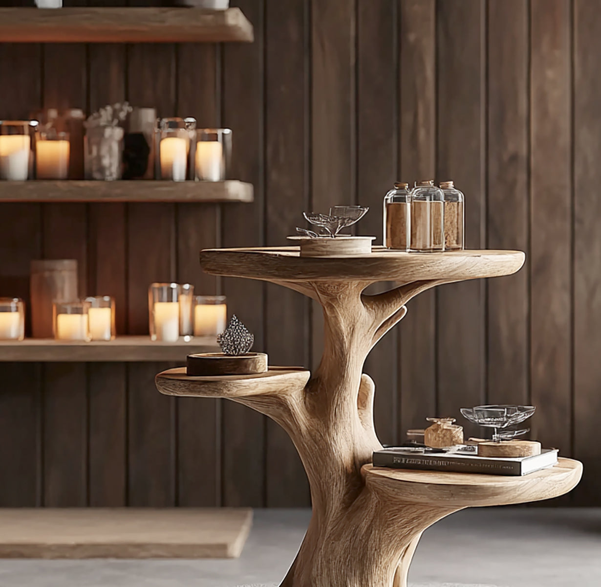 Handgefertigter Beistelltisch aus Massivholz im skulpturalen Baumdesign