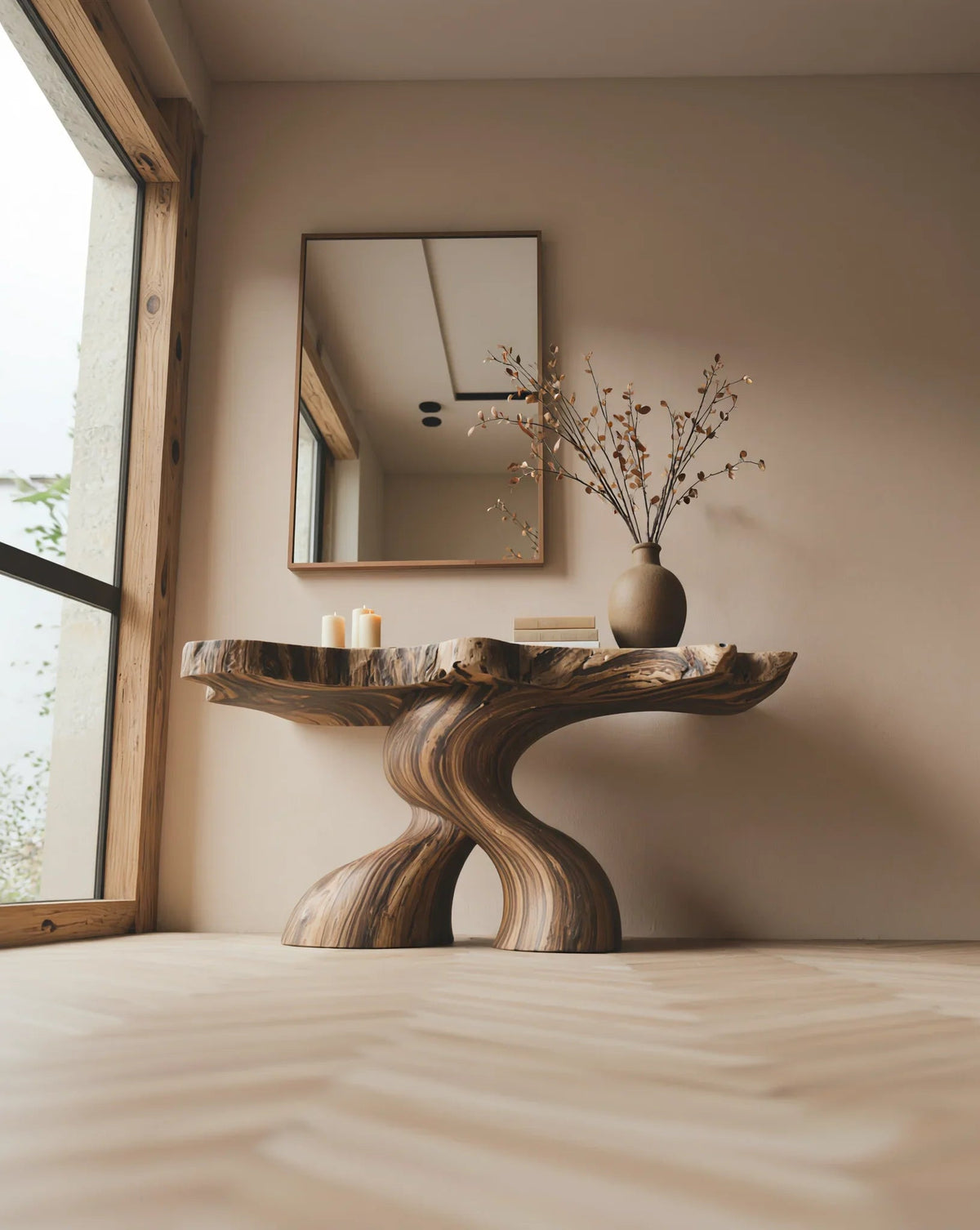 Baumkanten-Konsolentisch aus Massivholz mit skulptiertem Fuß, Vase und Kerzen in einem modernen Interieur