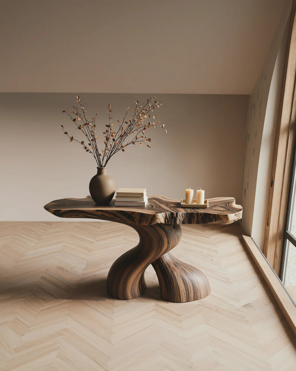 Baumkanten-Tisch aus Massivholz mit skulpturalem Fuß, Vase, Büchern und Kerzen in einem modernen Raum