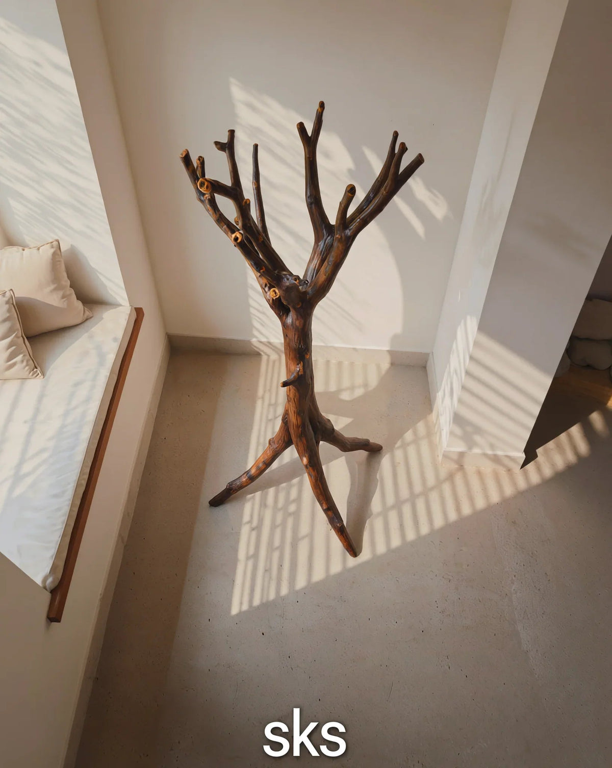Baum-Bücherregal aus Massivholz mit Baumkanten-Ästen in einem sonnigen minimalistischen Raum