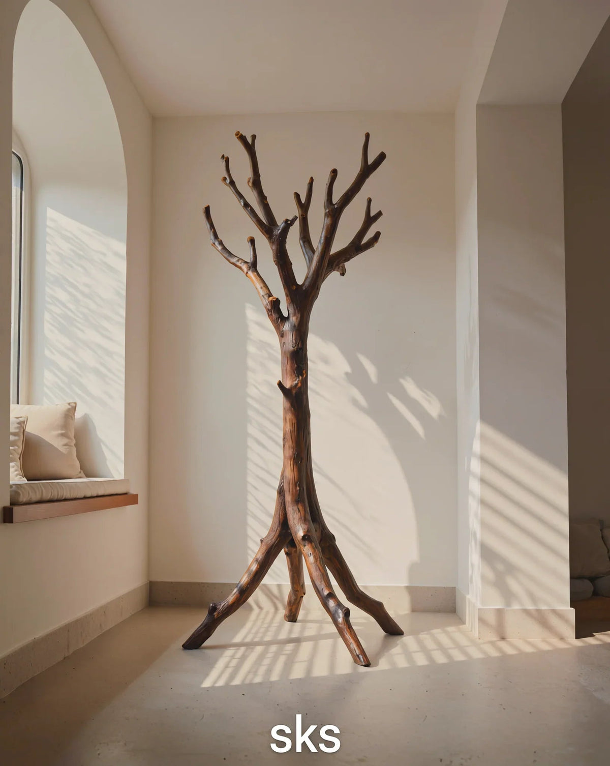Baum-Bücherregal aus Massivholz mit natürlichen Ästen in der Ecke eines sonnigen modernen Wohnzimmers