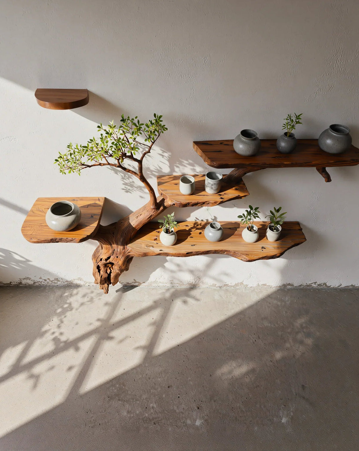 Baumkanten-Baum-Bücherregal aus Holz mit Keramikvasen und kleinen Pflanzen an weißer Wand