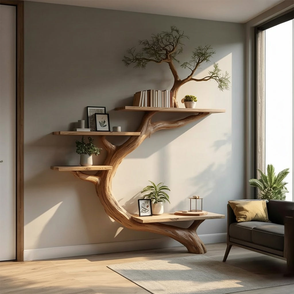 Rustikales Baum Bücherregal – Schwebendes Wandregal Wohnzimmer