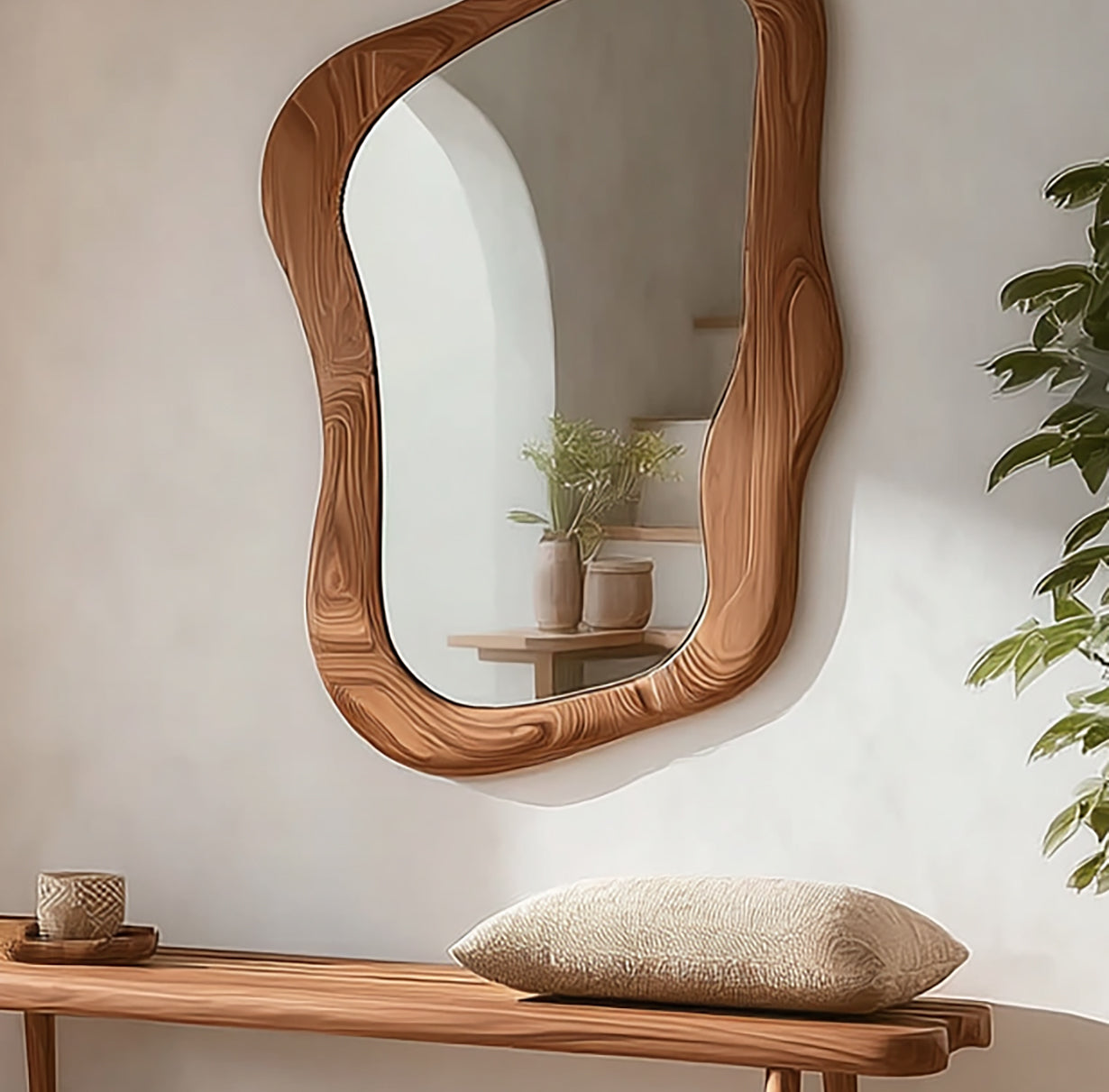 Großer Holz-Wandspiegel – asymmetrisch, unregelmäßig, modernes Boho-Design