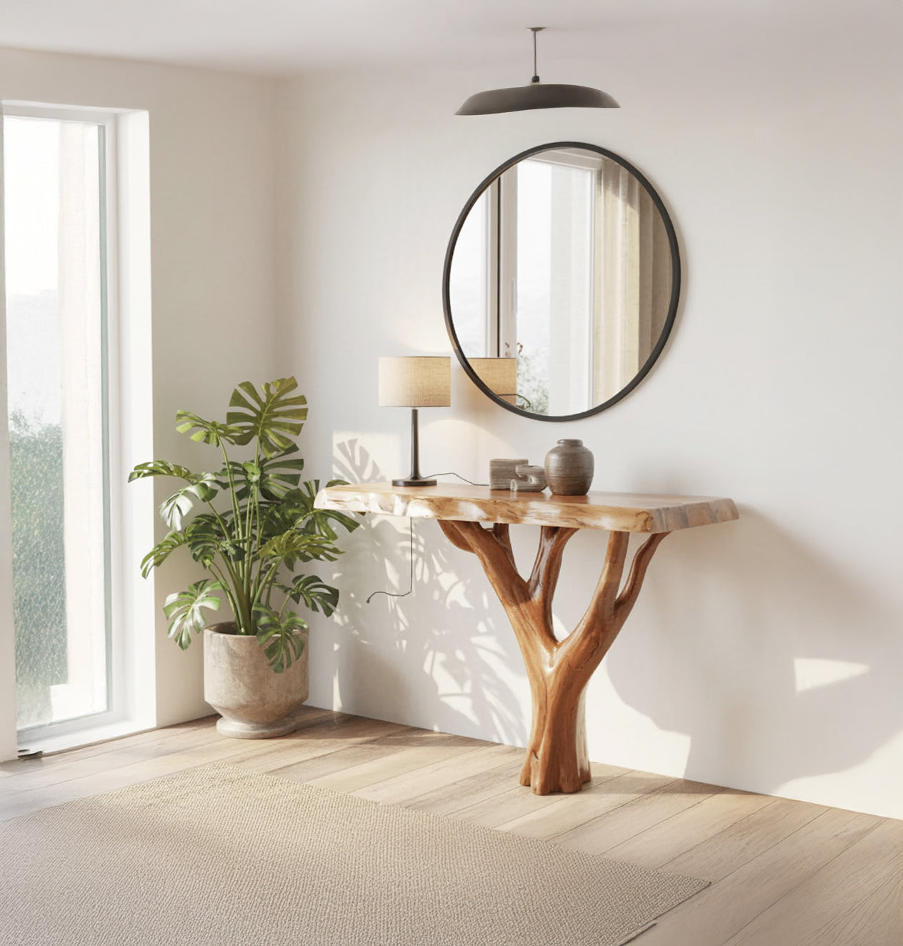 Handgefertigte Live-Edge-Konsole aus Massivholz mit natürlichem Holzfuß