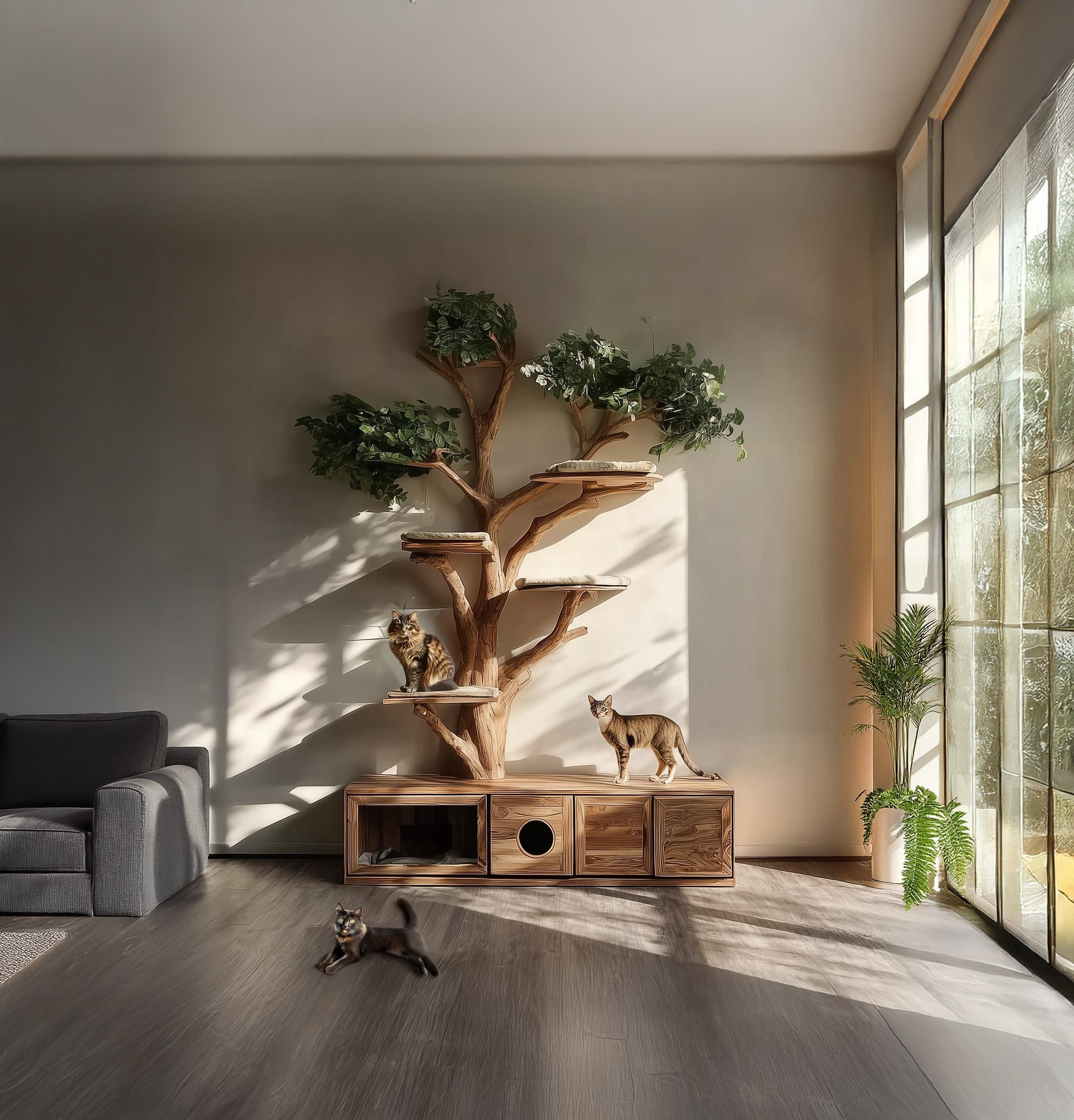 Handgefertigter Holz-Katzenbaum – rustikal & modern für große Katzen