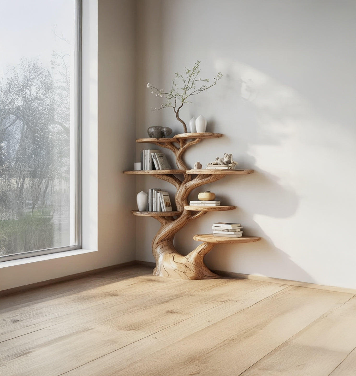 Baumförmiges Holz-Bücherregal – handgefertigtes Massivholz-Regal für Wohnkultur