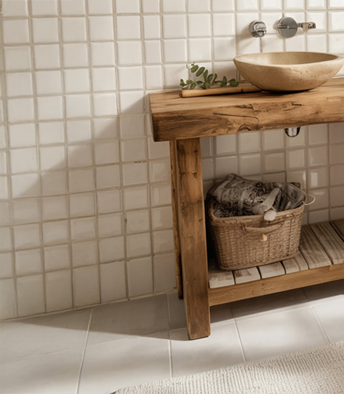 Massivholz-Badunterschrank – rustikaler Waschtisch mit Baumkante