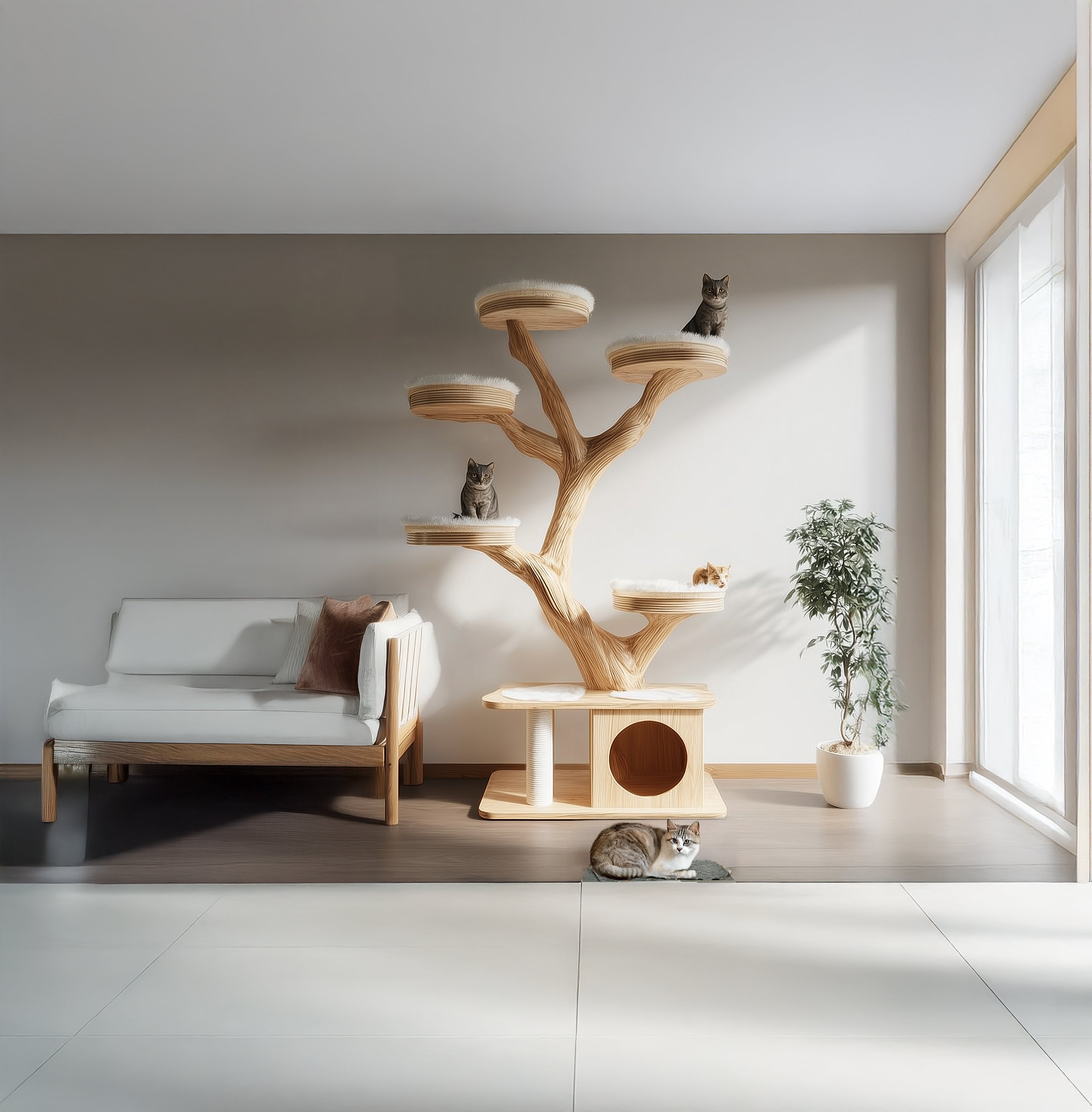 Rustikaler Holz-Kratzbaum – Handgefertigter Wand-Kletterturm für Katzen