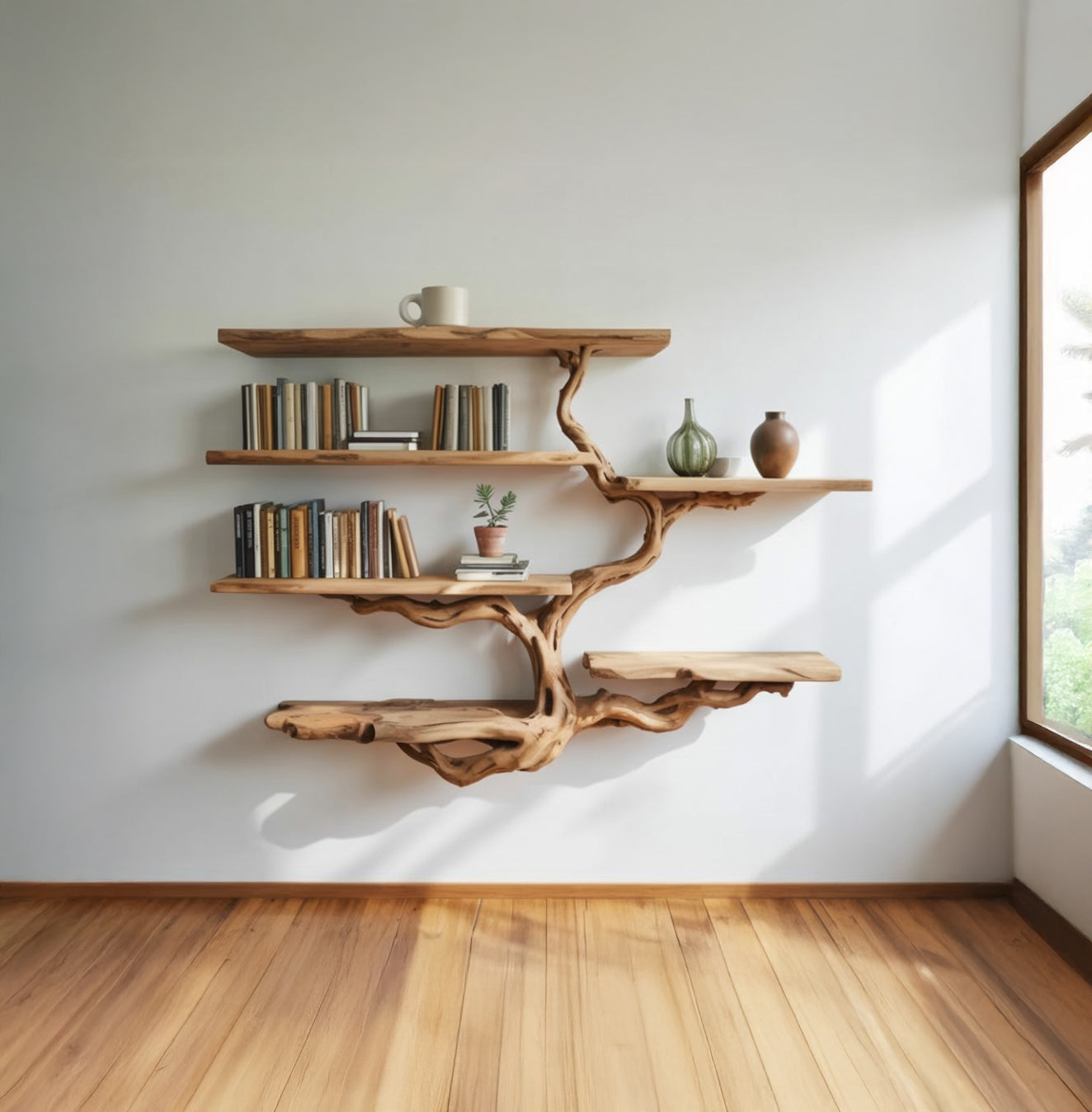 Schwebendes Bücherregal aus Baumästen – Wandregal aus Massivholz für den Flur