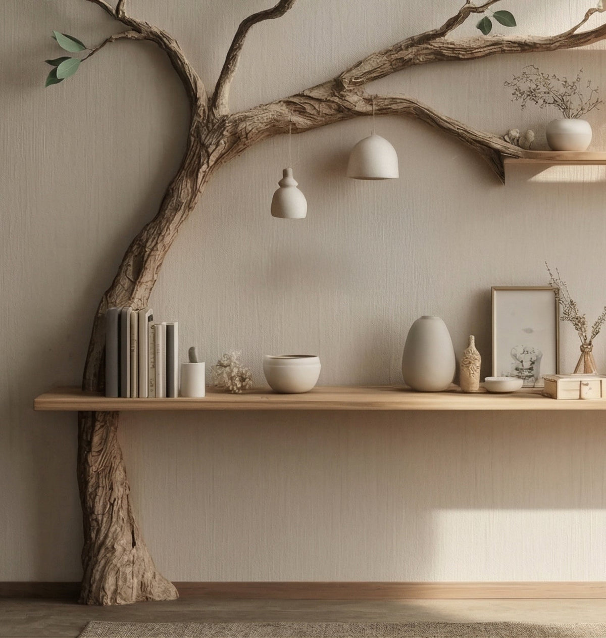 Skulpturales Baum-Bücherregal für die Leseecke – Wandmontiertes Schauregal aus Massivholz