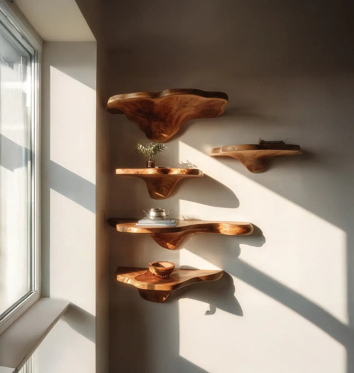 Schwebende Baumkanten-Regale aus Massivholz an der Wand in einem sonnigen modernen Interieur