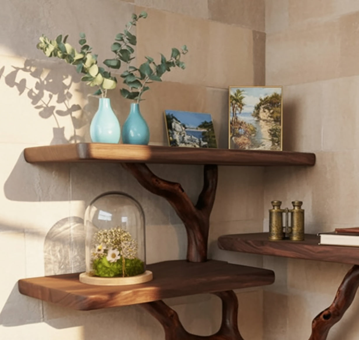 Organische Eckregale aus Holz mit Live Edge und Aststütze – rustikal