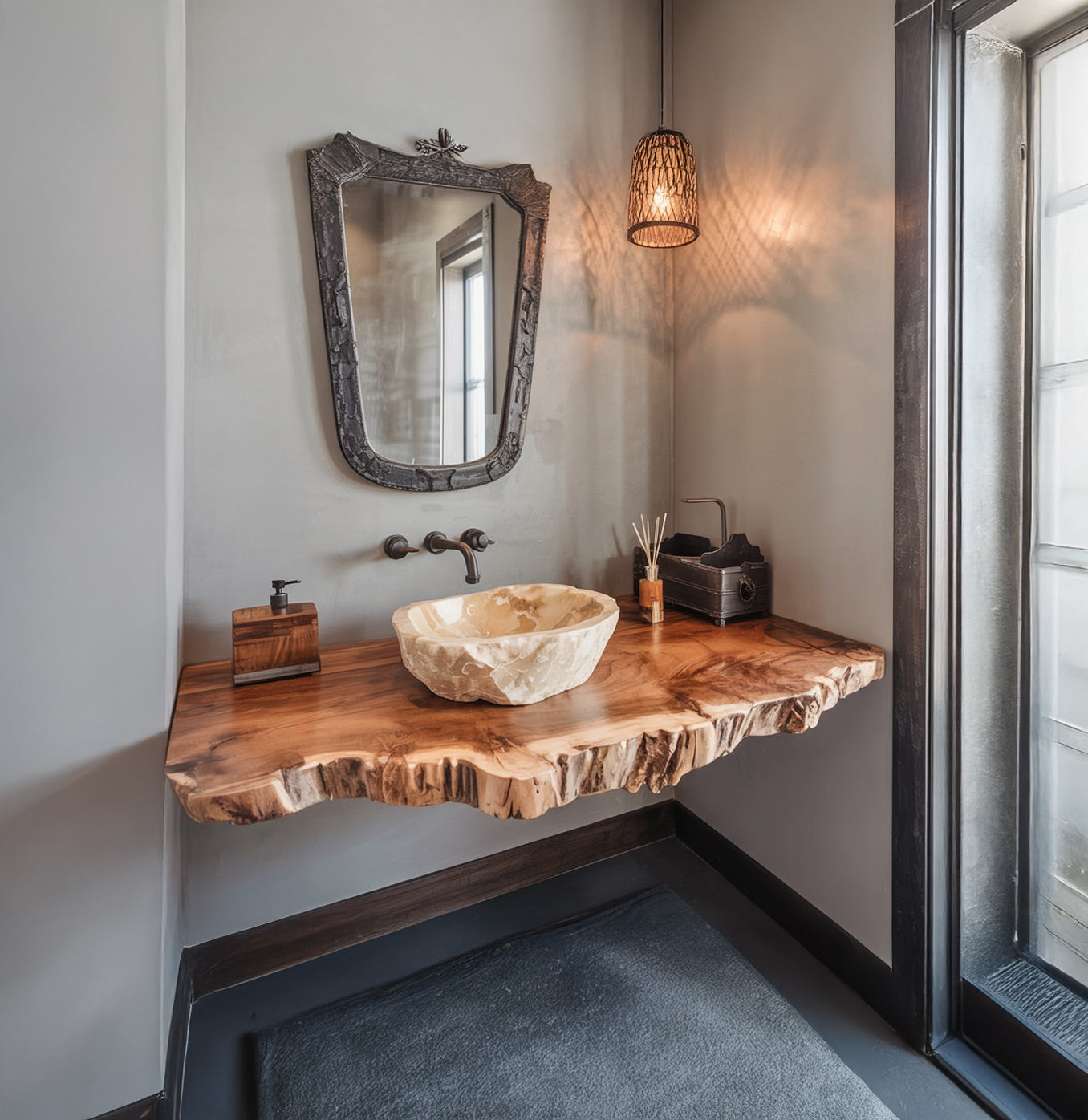 Handgefertigtes schwebendes Waschtischregal aus Massivholz mit Live Edge – rustikal