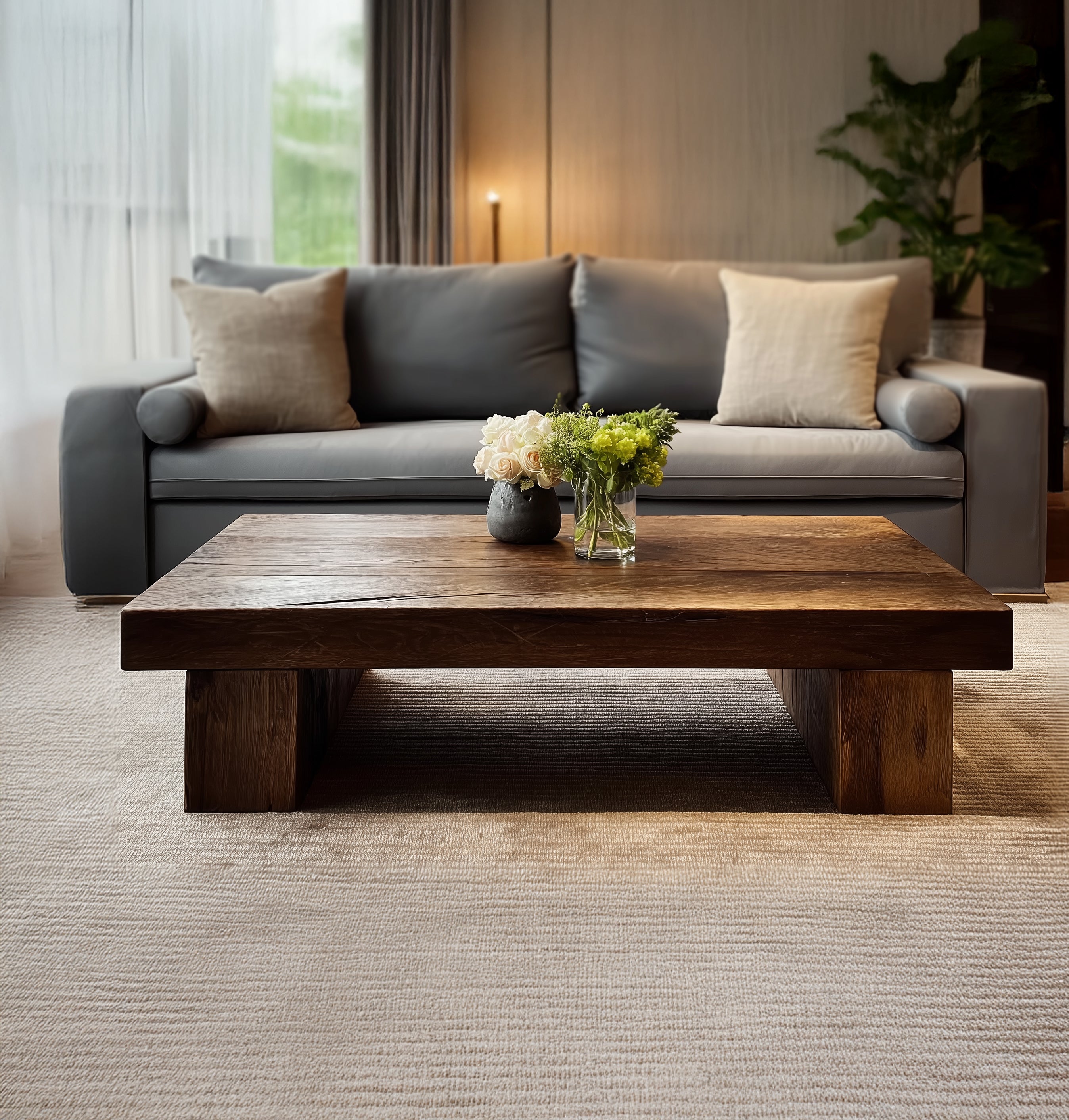 Rustikaler handgefertigter Holzcouchtisch – Massivholz mit Baumkante, Landhausstil