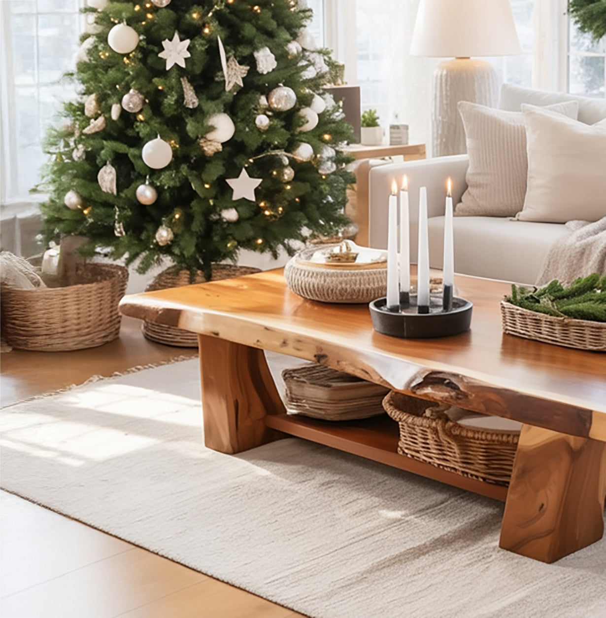 Rustikaler Massivholz-Couchtisch – handgefertigt mit integriertem Regal