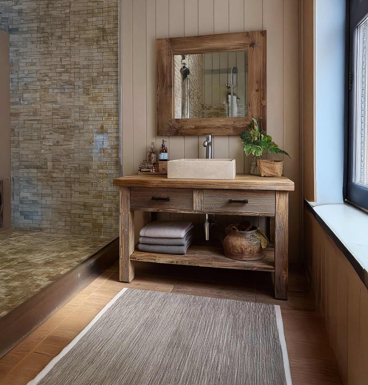 Rustikaler handgefertigter Waschtisch aus Holz – Live-Edge-Massivholzschrank