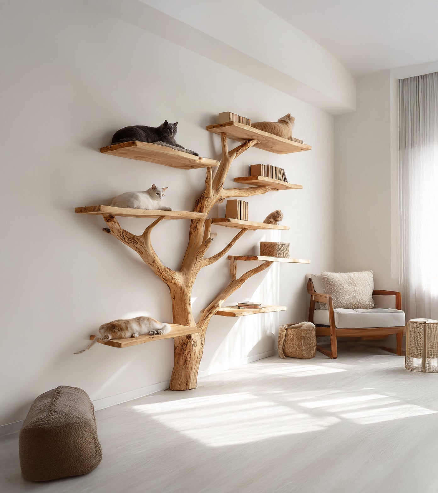 Handgefertigtes Katzenbaum-Regal – Mehrstöckiges Massivholz-Bücherregal