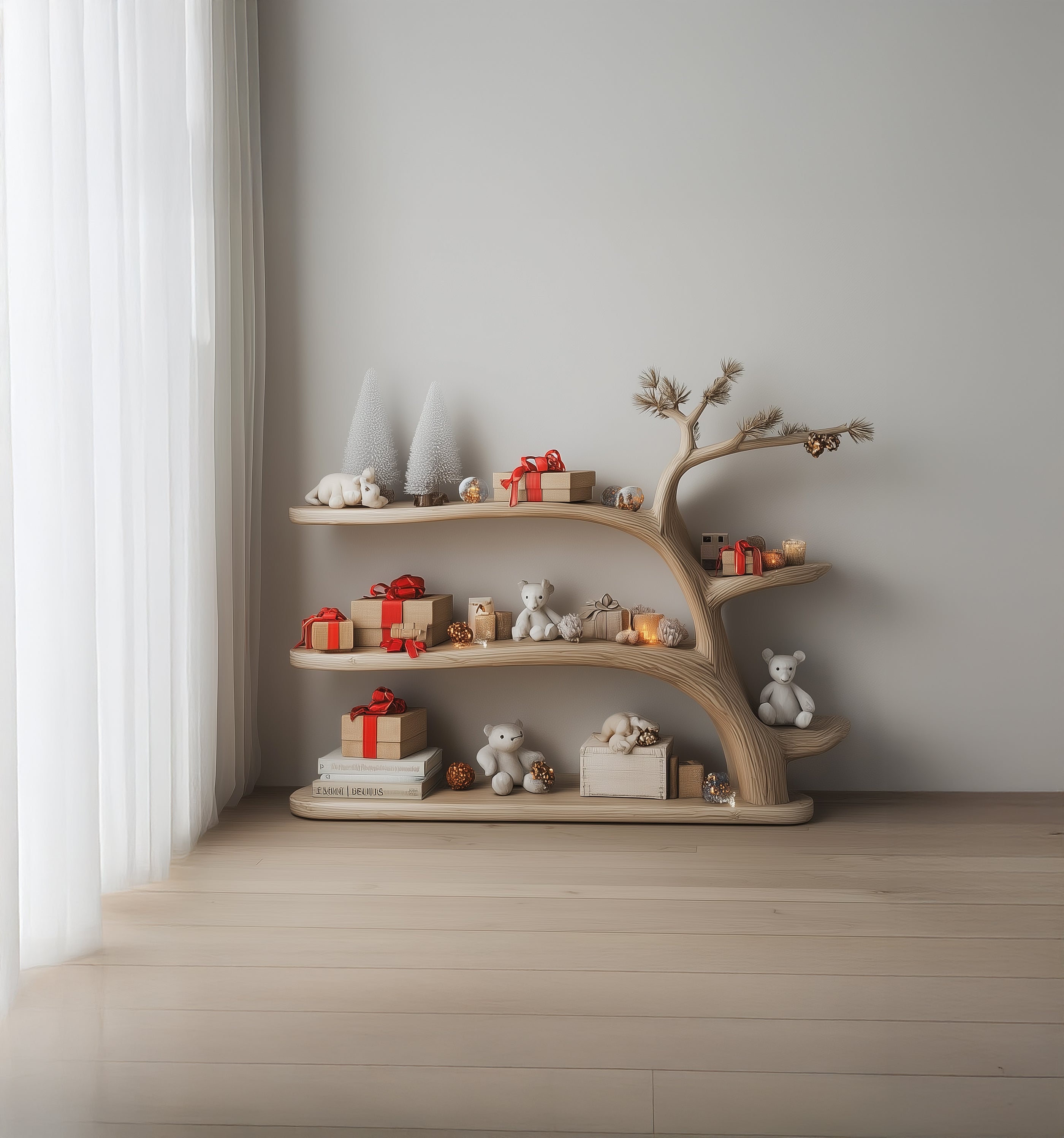 Handgefertigtes Baumregal – Montessori Kinder-Bücherregal, schwebendes Kinderzimmerregal