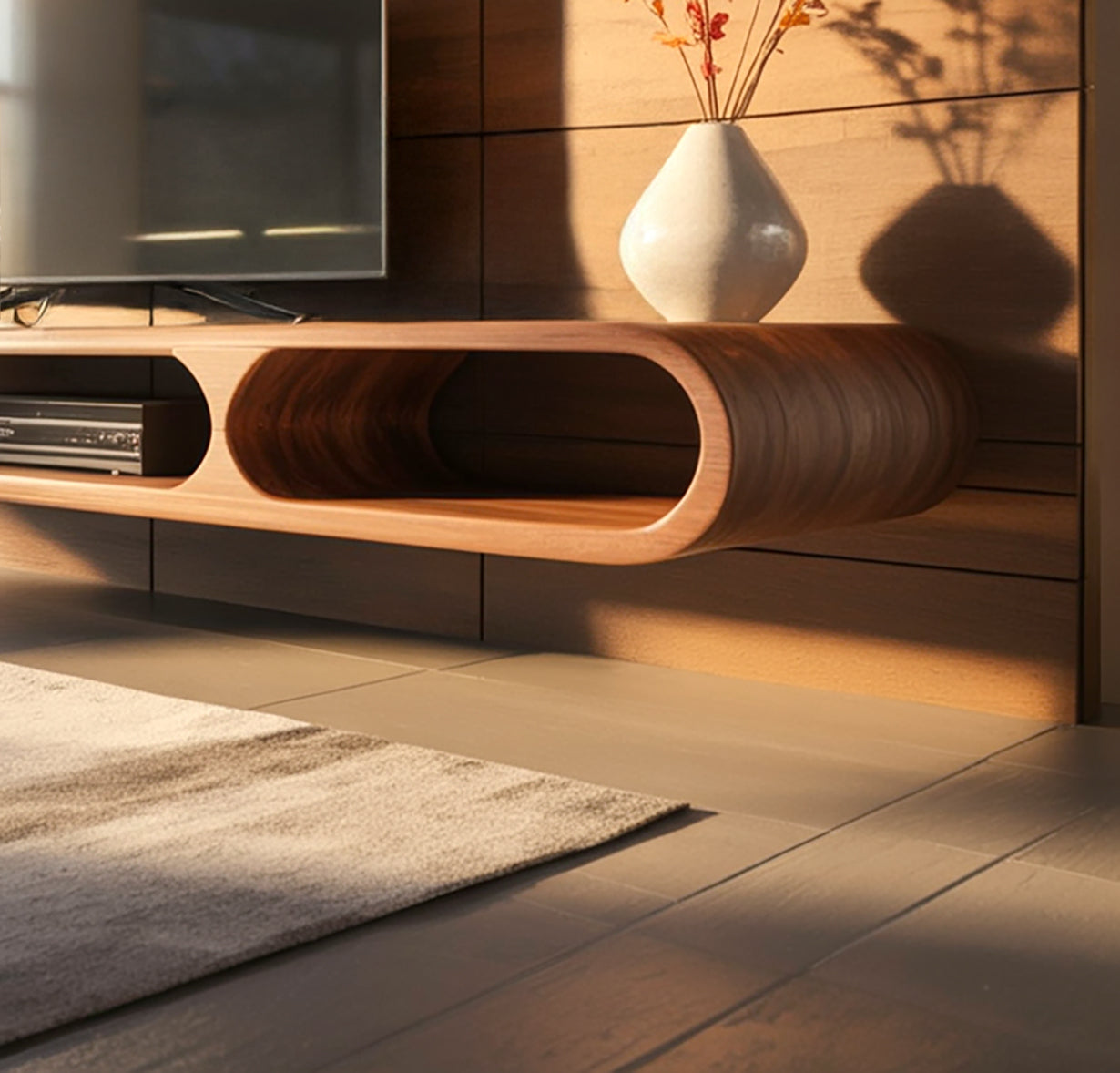 Moderner schwebender TV-Schrank – gebogene Massivholz-Konsole, handgefertigt