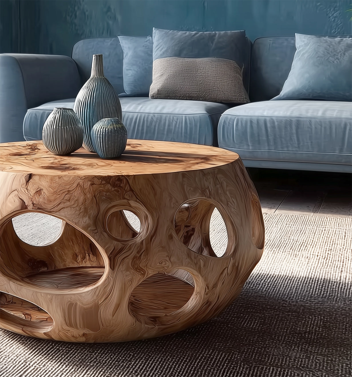 Runder Couchtisch aus Massivholz mit Naturkante – rustikaler Bauernhaus-Stil
