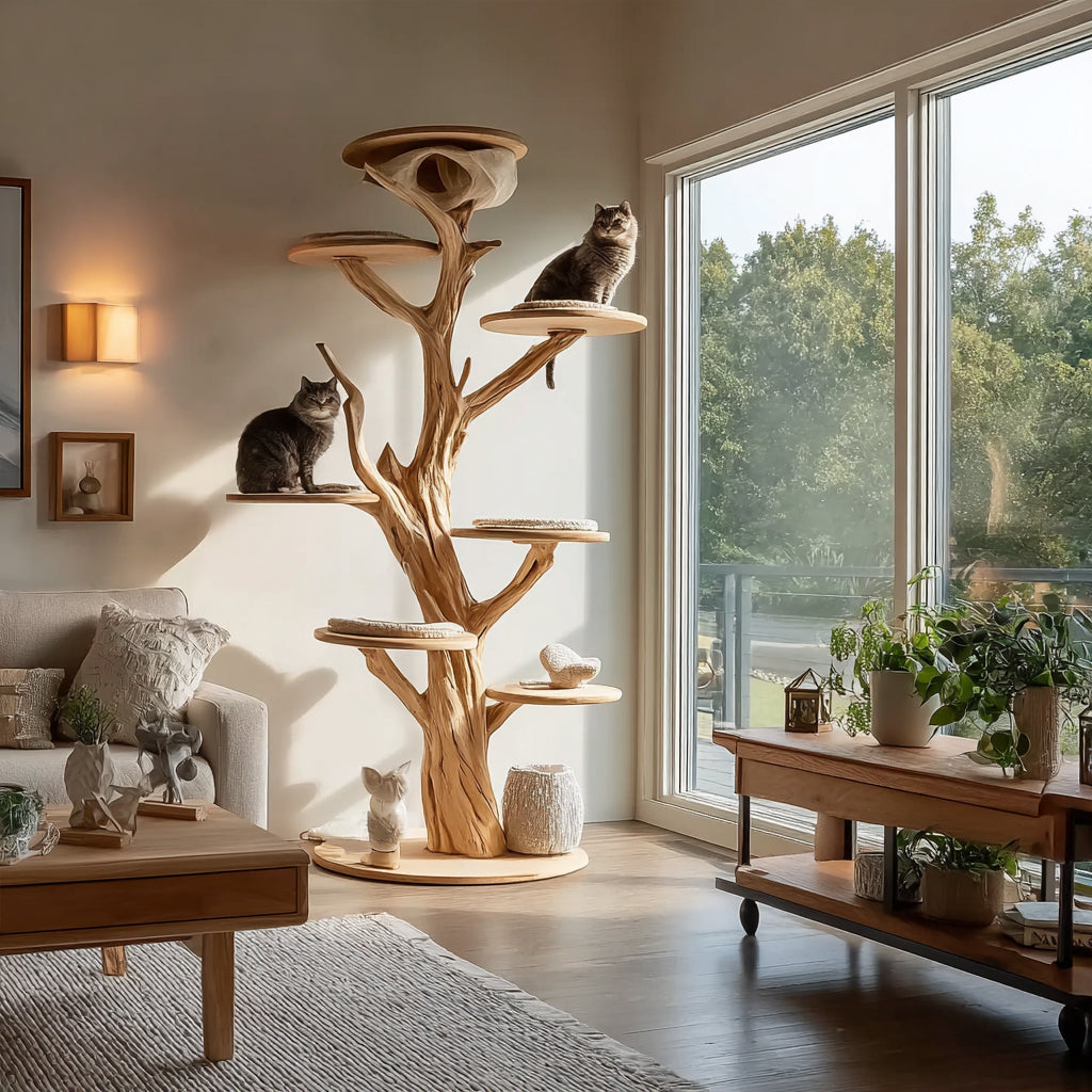 Handgefertigter Katzenbaum aus Massivholz – Mehrstöckiger Design-Kratzbaum