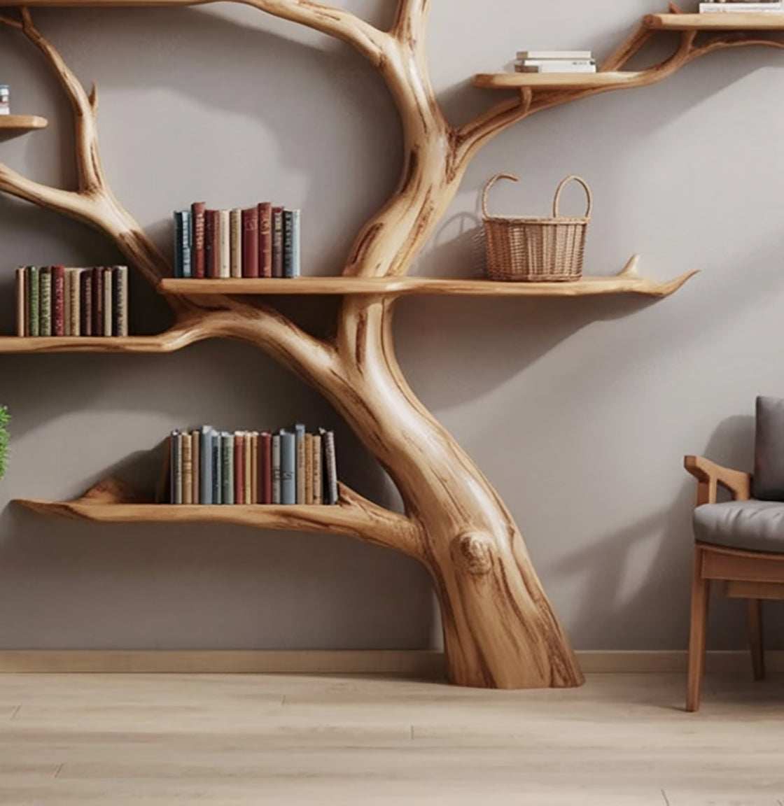Handgefertigtes Baum-Bücherregal – Rustikales Holz-Wandregal Design